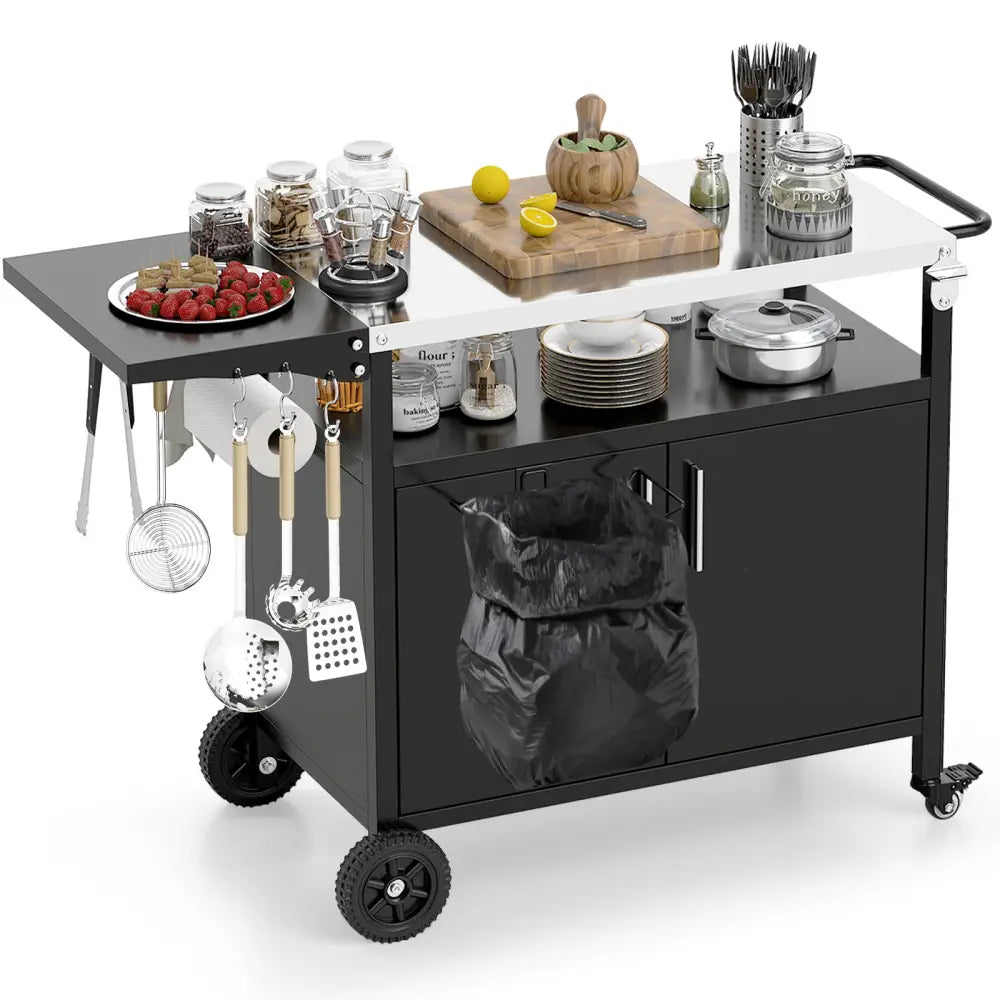 Outdoor Grill Cart with Storage and Folding Stainless Steel Top-Black - Black - Outdoor Grills