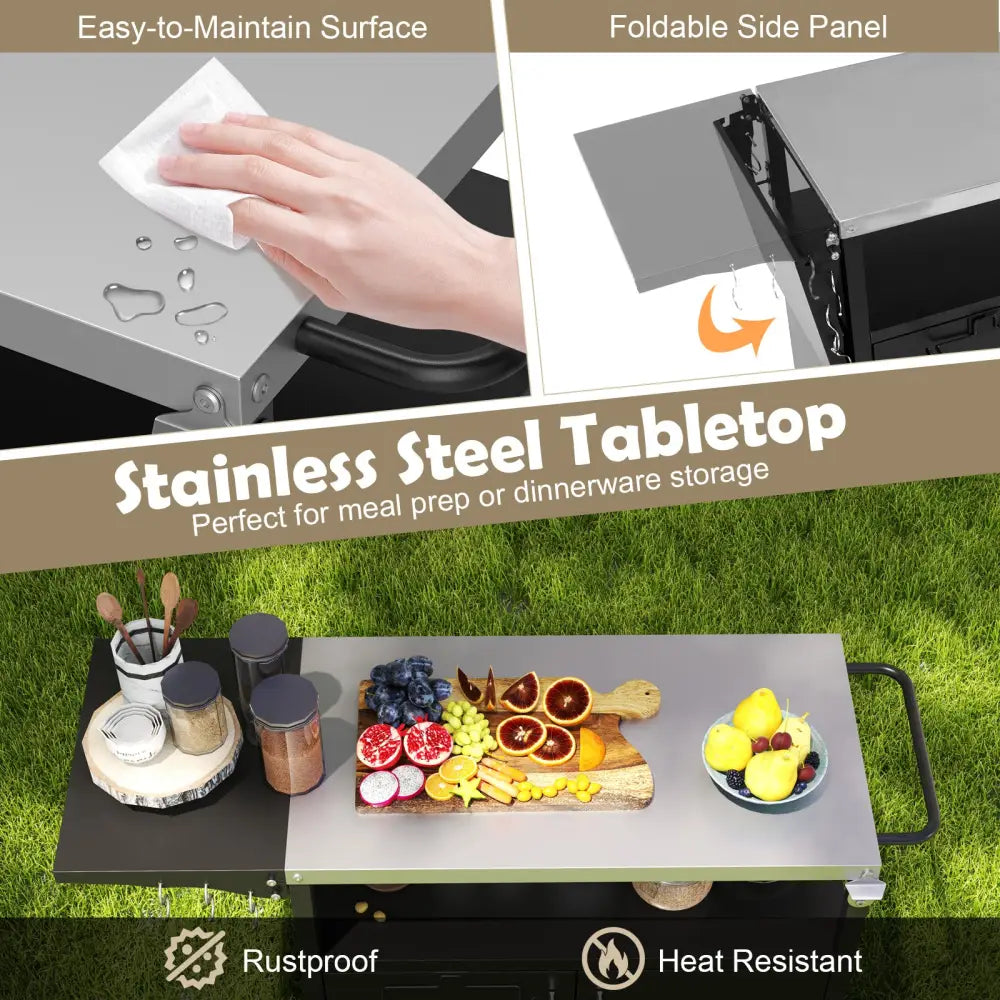 Outdoor Grill Cart with Storage and Folding Stainless Steel Top-Black - Black - Outdoor Grills