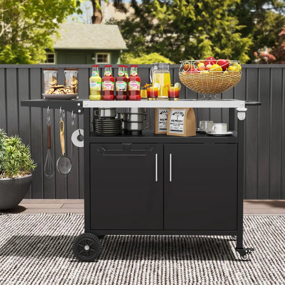 Outdoor Grill Cart with Storage and Folding Stainless Steel Top-Black - Black - Outdoor Grills