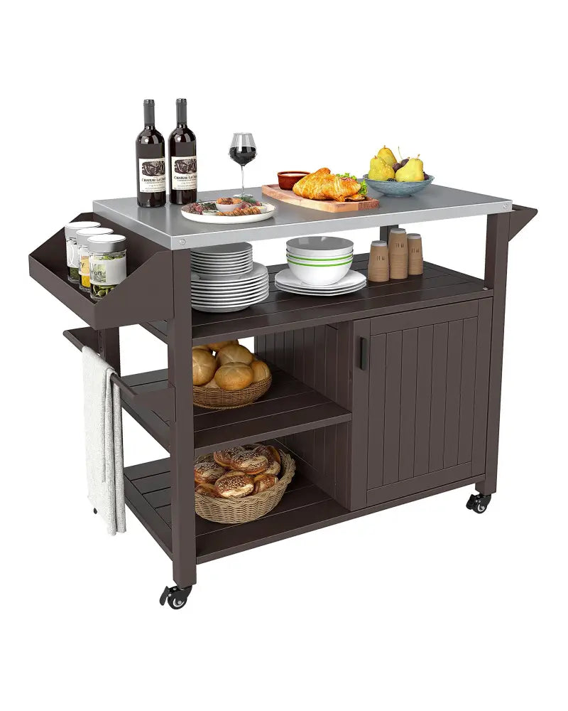Outdoor Grill Cart with Storage Cabinet Shelves and Stainless Steel Top-Brown - Brown - Outdoor Grills