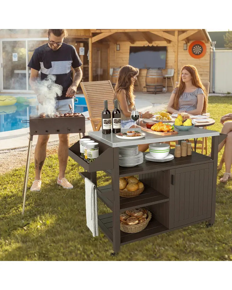 Outdoor Grill Cart with Storage Cabinet Shelves and Stainless Steel Top-Brown - Brown - Outdoor Grills