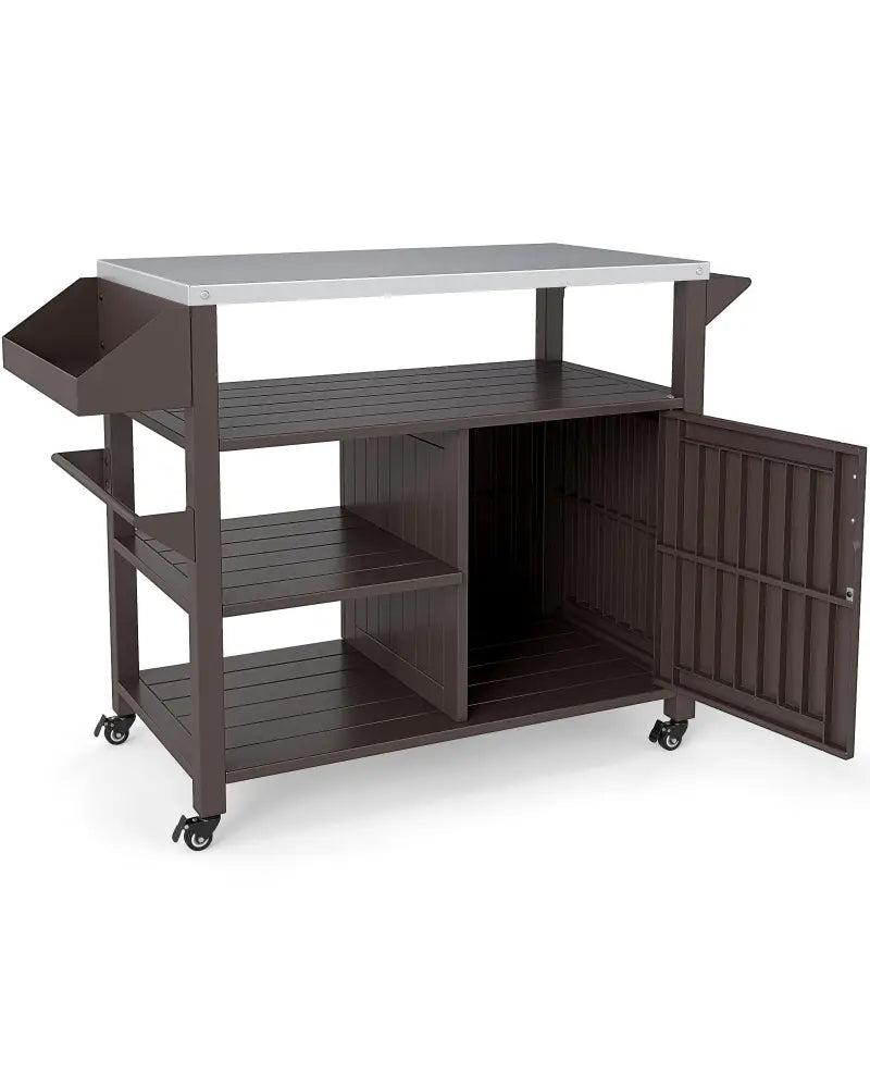 Outdoor Grill Cart with Storage Cabinet Shelves and Stainless Steel Top-Brown - Brown - Outdoor Grills