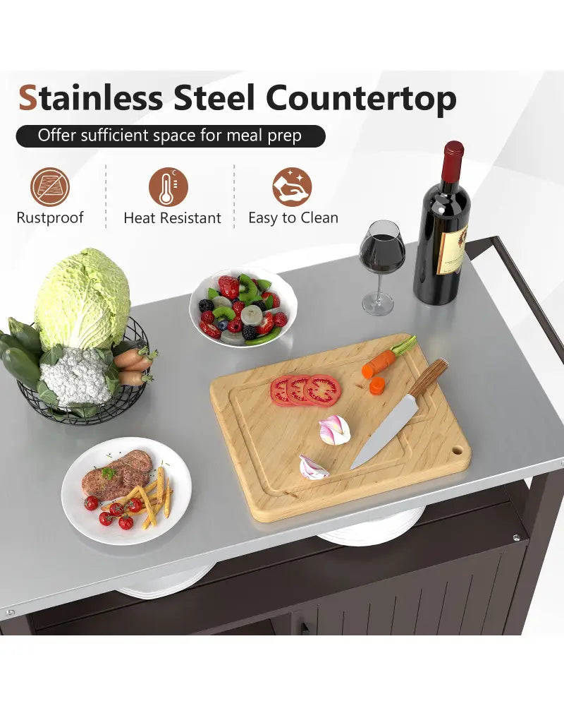 Outdoor Grill Cart with Storage Cabinet Shelves and Stainless Steel Top-Brown - Brown - Outdoor Grills