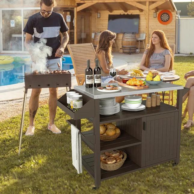 Outdoor Grill Cart with Storage Cabinet Shelves and Stainless Steel Top-Brown - Brown - Outdoor Grills