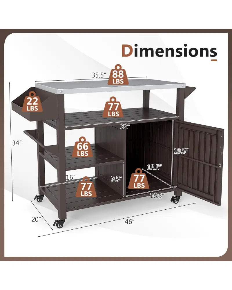 Outdoor Grill Cart with Storage Cabinet Shelves and Stainless Steel Top-Brown - Brown - Outdoor Grills