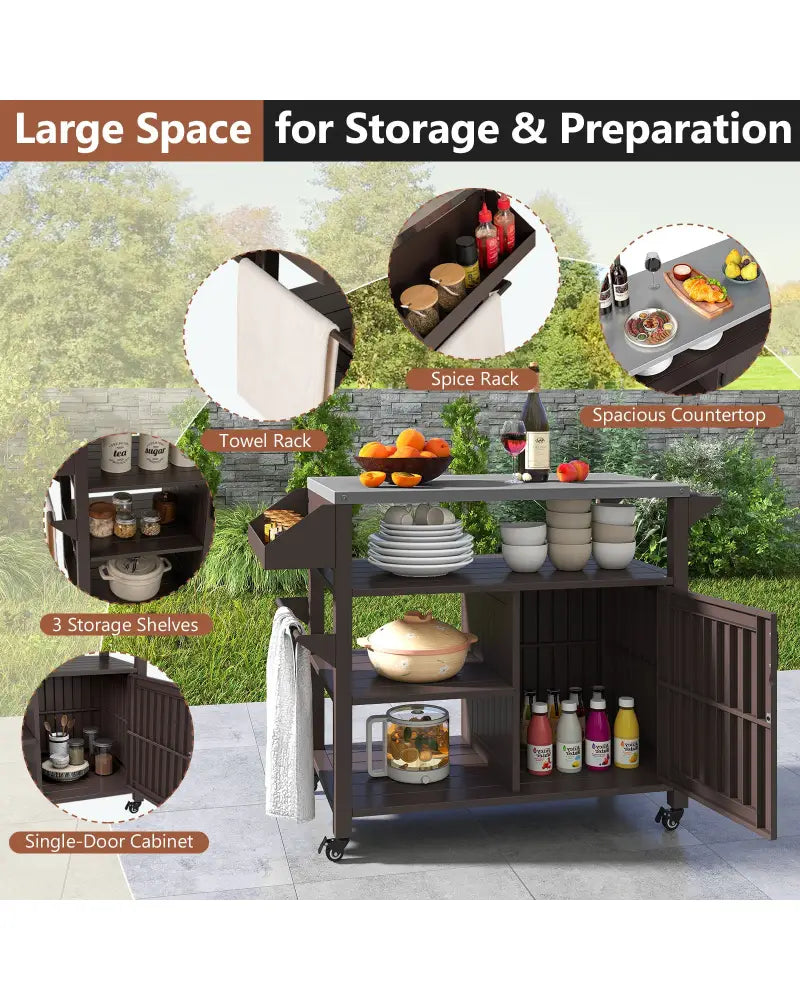 Outdoor Grill Cart with Storage Cabinet Shelves and Stainless Steel Top-Brown - Brown - Outdoor Grills