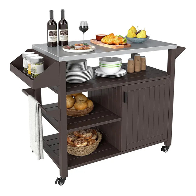 Outdoor Grill Cart with Storage Cabinet Shelves and Stainless Steel Top - Brown - Oasis Home Essentials