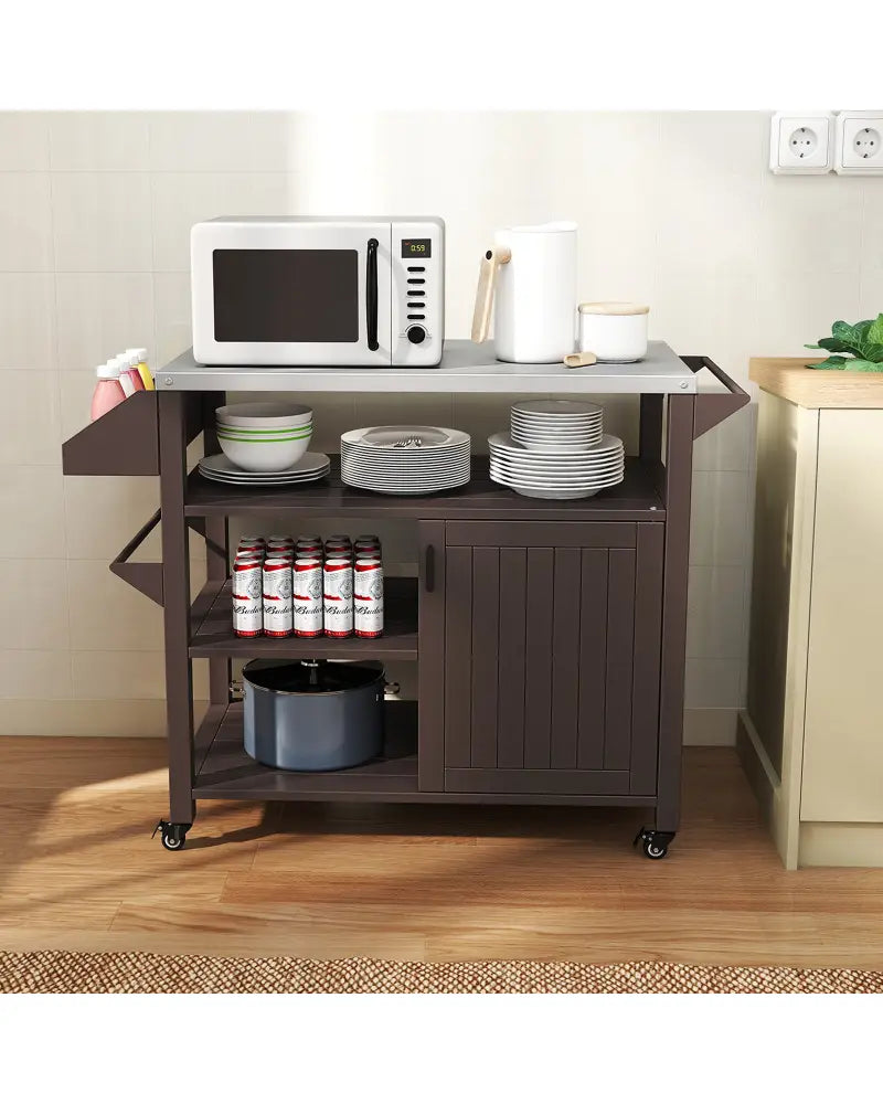 Outdoor Grill Cart with Storage Cabinet Shelves and Stainless Steel Top-Brown - Brown - Outdoor Grills
