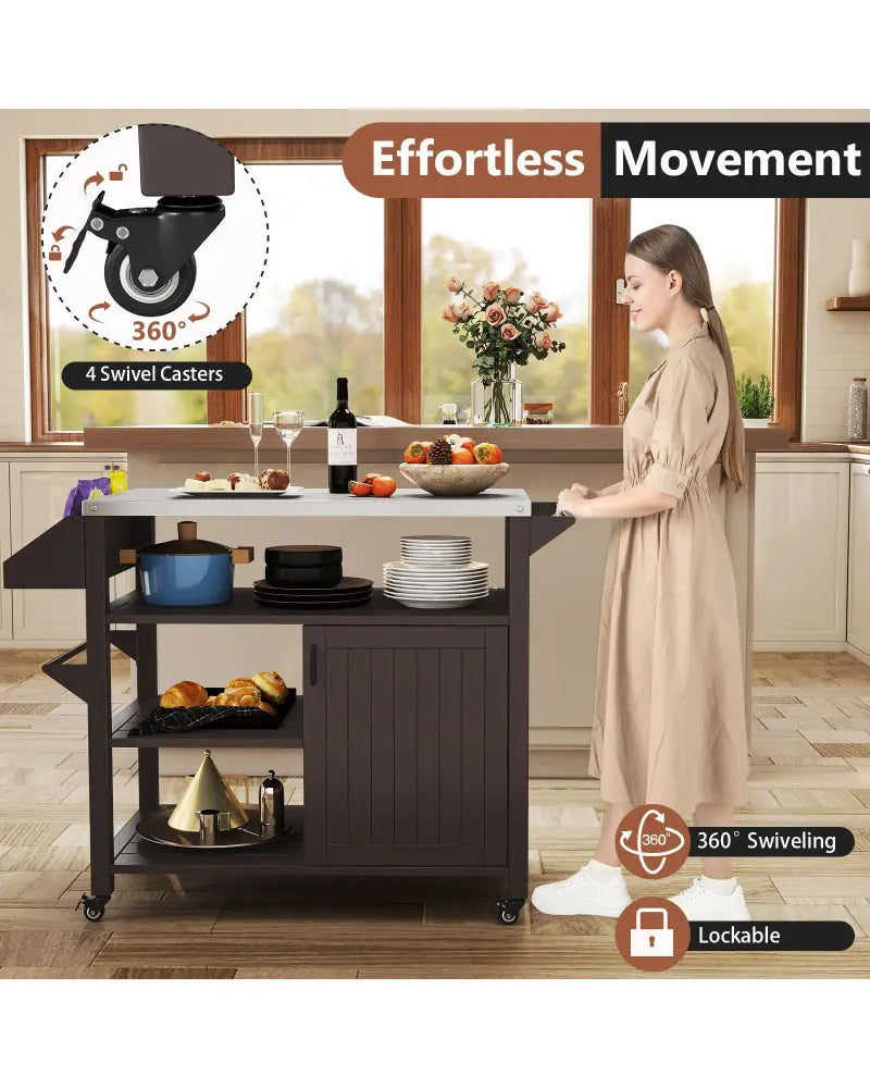 Outdoor Grill Cart with Storage Cabinet Shelves and Stainless Steel Top-Brown - Brown - Outdoor Grills