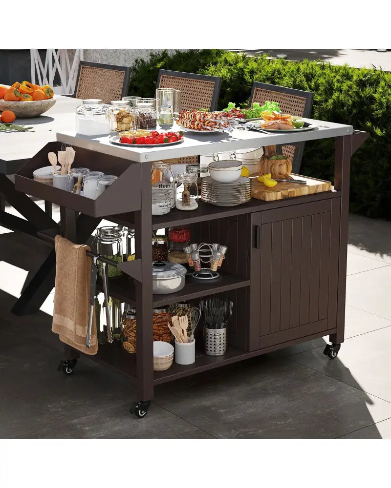 Outdoor Grill Cart with Storage Cabinet Shelves and Stainless Steel Top-Brown - Brown - Outdoor Grills
