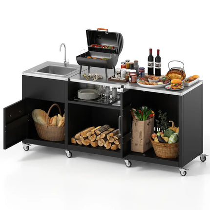 Outdoor Grill Table with Sink and Drainage Heavy Duty Metal Grill Cart-Black - Black - Camping Furniture
