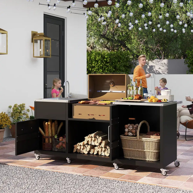 Outdoor Grill Table with Sink and Drainage Heavy Duty Metal Grill Cart-Black - Black - Camping Furniture