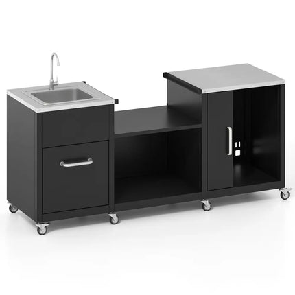 Outdoor Grill Table with Sink and Drainage Heavy Duty Metal Grill Cart-Black - Black - Camping Furniture