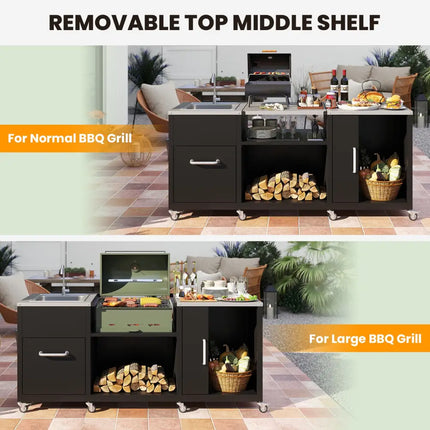 Outdoor Grill Table with Sink and Drainage Heavy Duty Metal Grill Cart-Black - Black - Camping Furniture