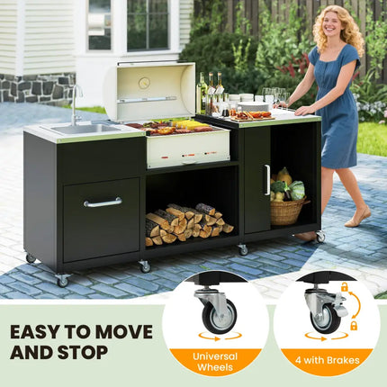Outdoor Grill Table with Sink and Drainage Heavy Duty Metal Grill Cart-Black - Black - Camping Furniture