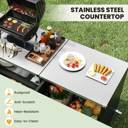 Outdoor Grill Table with Sink and Drainage Heavy Duty Metal Grill Cart-Black - Black - Camping Furniture
