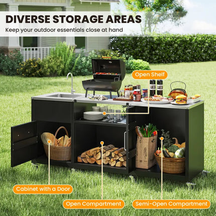 Outdoor Grill Table with Sink and Drainage Heavy Duty Metal Grill Cart-Black - Black - Camping Furniture