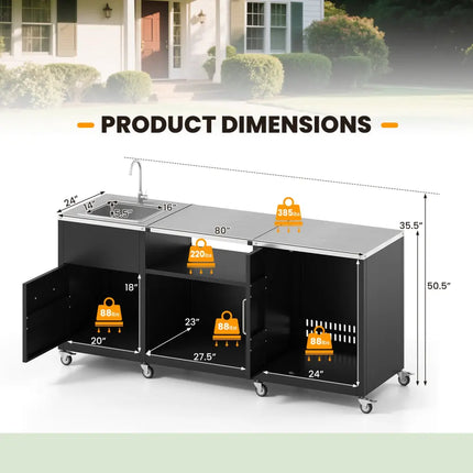 Outdoor Grill Table with Sink and Drainage Heavy Duty Metal Grill Cart-Black - Black - Camping Furniture