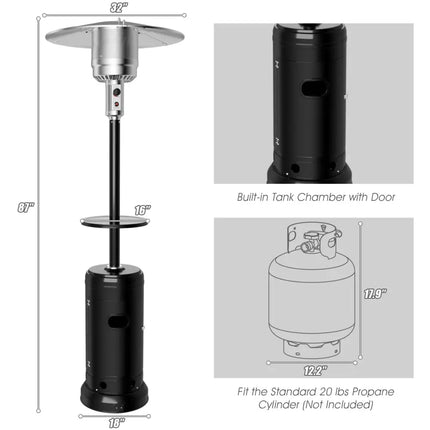Outdoor Heater Propane Standing LP Gas Steel with Table and Wheels-Black - Black - Patio Heaters