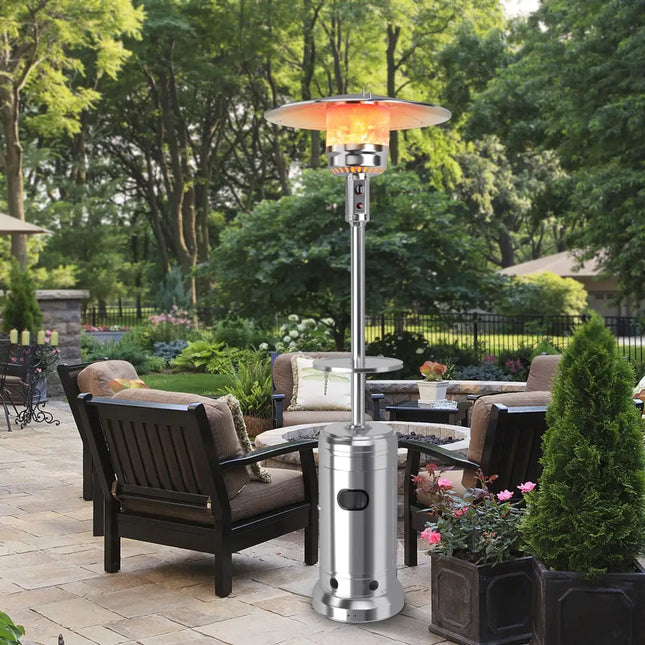 Outdoor Heater Propane Standing LP Gas Steel with Table and Wheels-Silver - Silver - Patio Heaters