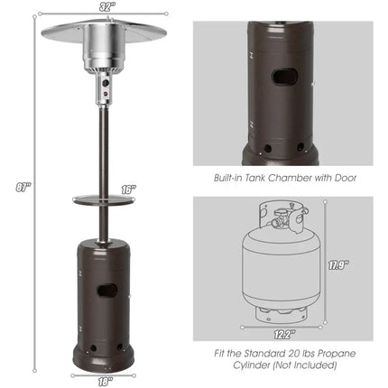 Outdoor Heater Propane Standing LP Gas Steel with Table & Wheels-Brown - Brown - Patio Heaters