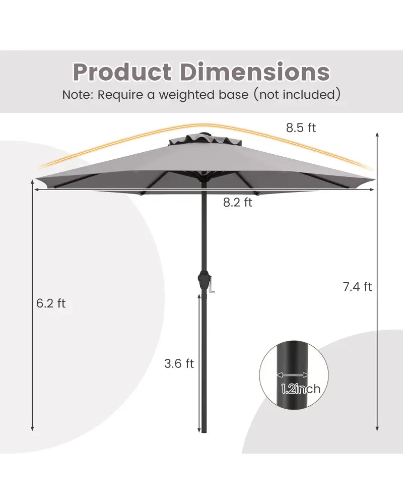 Outdoor Heavy Duty Market Umbrella with Crank Handle and 8 Sturdy Ribs-Gray - Gray - Outdoor Umbrellas