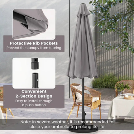 Outdoor Heavy Duty Market Umbrella with Crank Handle and 8 Sturdy Ribs-Gray - Gray - Outdoor Umbrellas