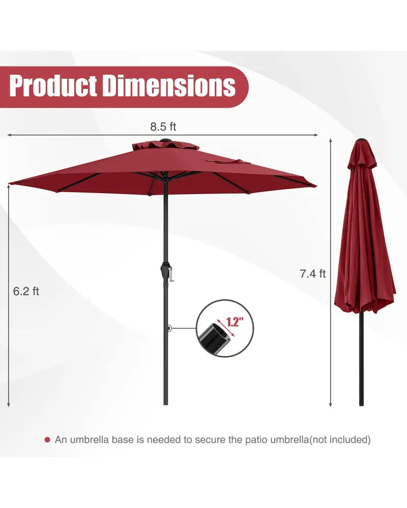 Outdoor Heavy Duty Market Umbrella with Crank Handle and 8 Sturdy Ribs-Red - Red - Outdoor Umbrellas