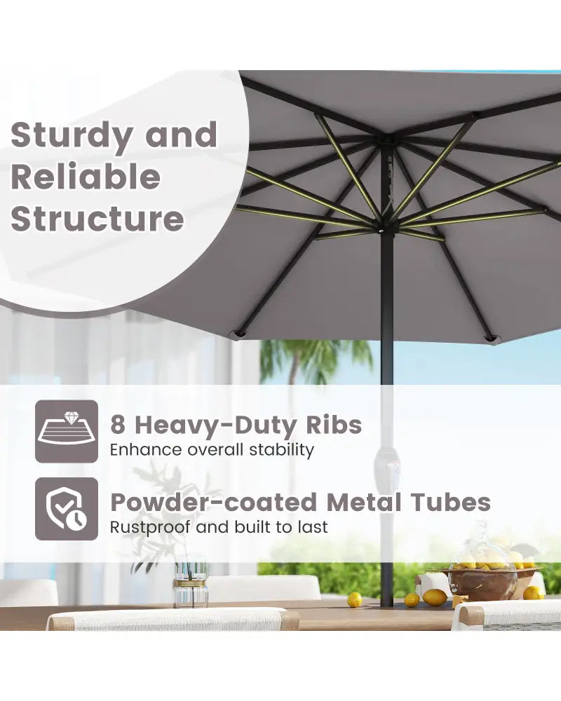 Outdoor Heavy Duty Market Umbrella with Crank Handle and 8 Sturdy Ribs-Gray - Gray - Outdoor Umbrellas