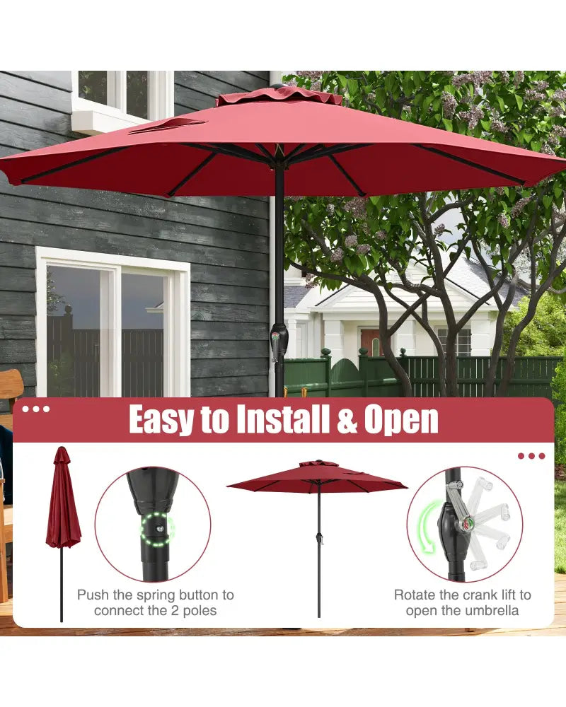 Outdoor Heavy Duty Market Umbrella with Crank Handle and 8 Sturdy Ribs-Red - Red - Outdoor Umbrellas