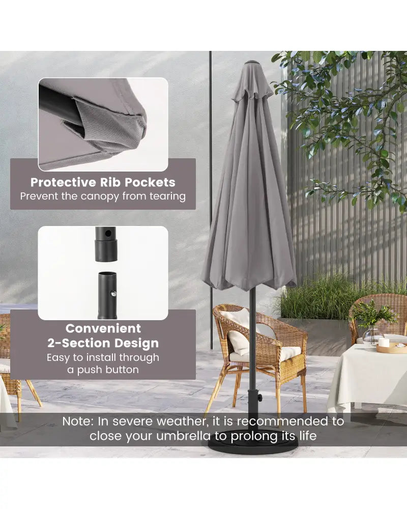 Outdoor Heavy Duty Market Umbrella with Crank Handle and 8 Sturdy Ribs-Gray - Gray - Outdoor Umbrellas