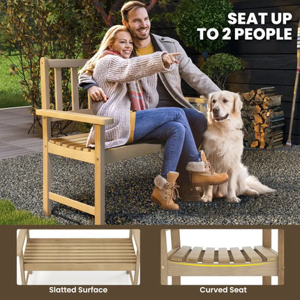 Outdoor Indonesia Teak Wood Garden Bench 2-Person with Backrest and Armrests - Natural - Outdoor Benches