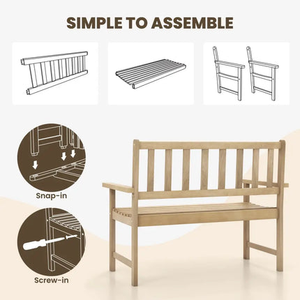 Outdoor Indonesia Teak Wood Garden Bench 2-Person with Backrest and Armrests - Natural - Outdoor Benches
