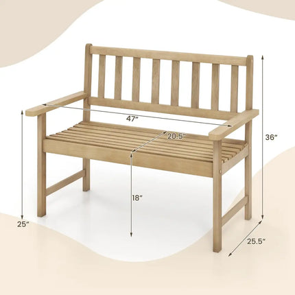 Outdoor Indonesia Teak Wood Garden Bench 2-Person with Backrest and Armrests - Natural - Outdoor Benches