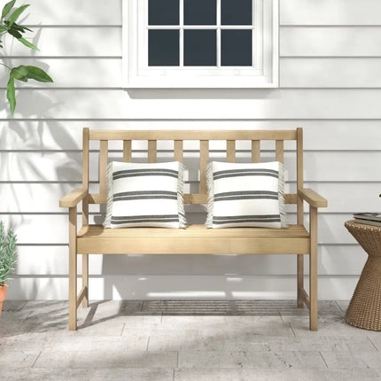 Outdoor Indonesia Teak Wood Garden Bench 2-Person with Backrest and Armrests - Natural - Outdoor Benches