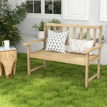 Outdoor Indonesia Teak Wood Garden Bench 2-Person with Backrest and Armrests - Natural - Outdoor Benches