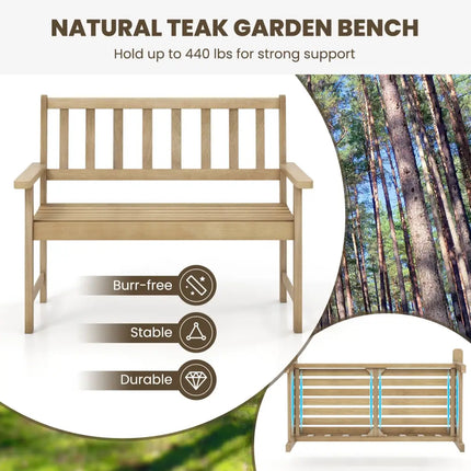 Outdoor Indonesia Teak Wood Garden Bench 2-Person with Backrest and Armrests - Natural - Outdoor Benches