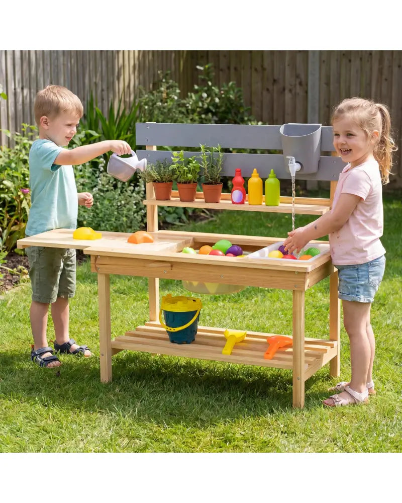 Outdoor Kids Mud Kitchen with Extended Tabletop and Water Tank-Natural - Natural - Play Kitchen Sets