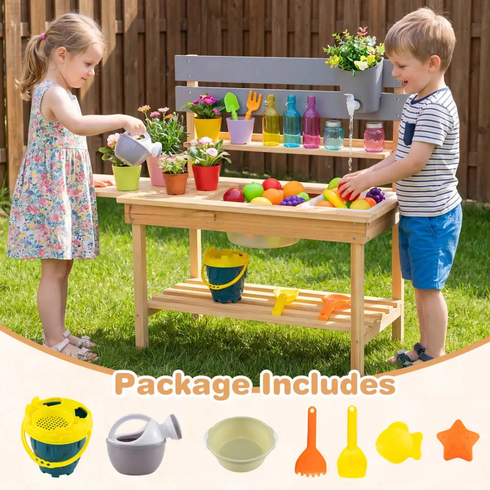 Outdoor Kids Mud Kitchen with Extended Tabletop and Water Tank-Natural - Natural - Play Kitchen Sets