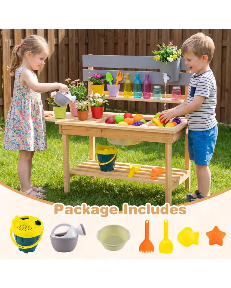 Outdoor Kids Mud Kitchen with Extended Tabletop and Water Tank-Natural - Natural - Play Kitchen Sets
