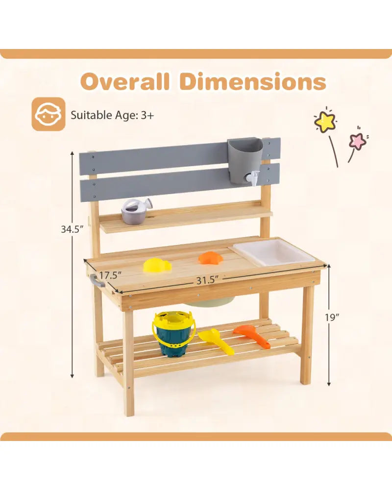 Outdoor Kids Mud Kitchen with Extended Tabletop and Water Tank-Natural - Natural - Play Kitchen Sets