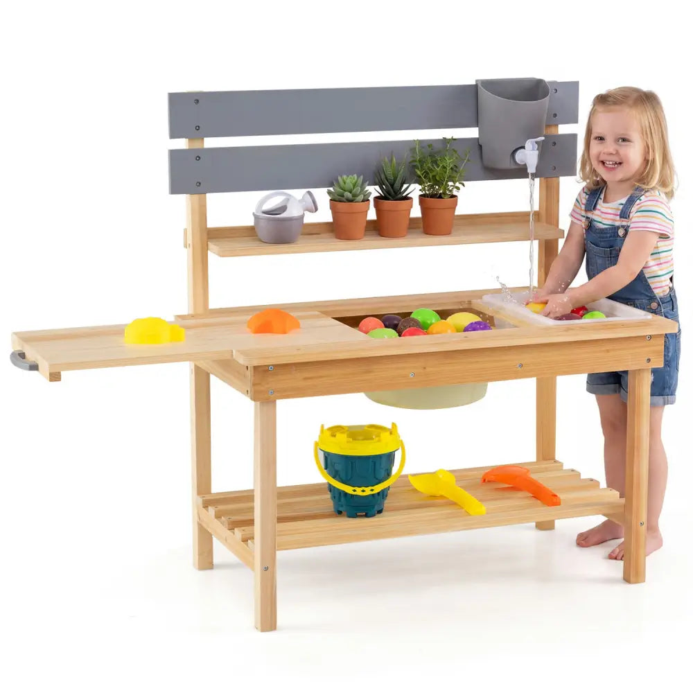 Outdoor Kids Mud Kitchen with Extended Tabletop and Water Tank-Natural - Natural - Play Kitchen Sets