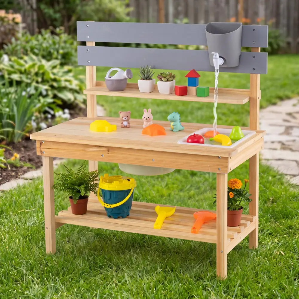 Outdoor Kids Mud Kitchen with Extended Tabletop and Water Tank-Natural - Natural - Play Kitchen Sets