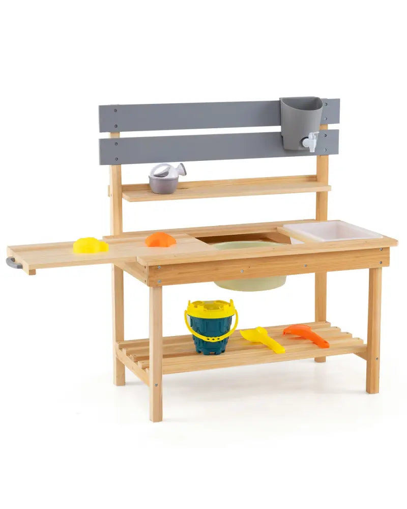 Outdoor Kids Mud Kitchen with Extended Tabletop and Water Tank-Natural - Natural - Play Kitchen Sets