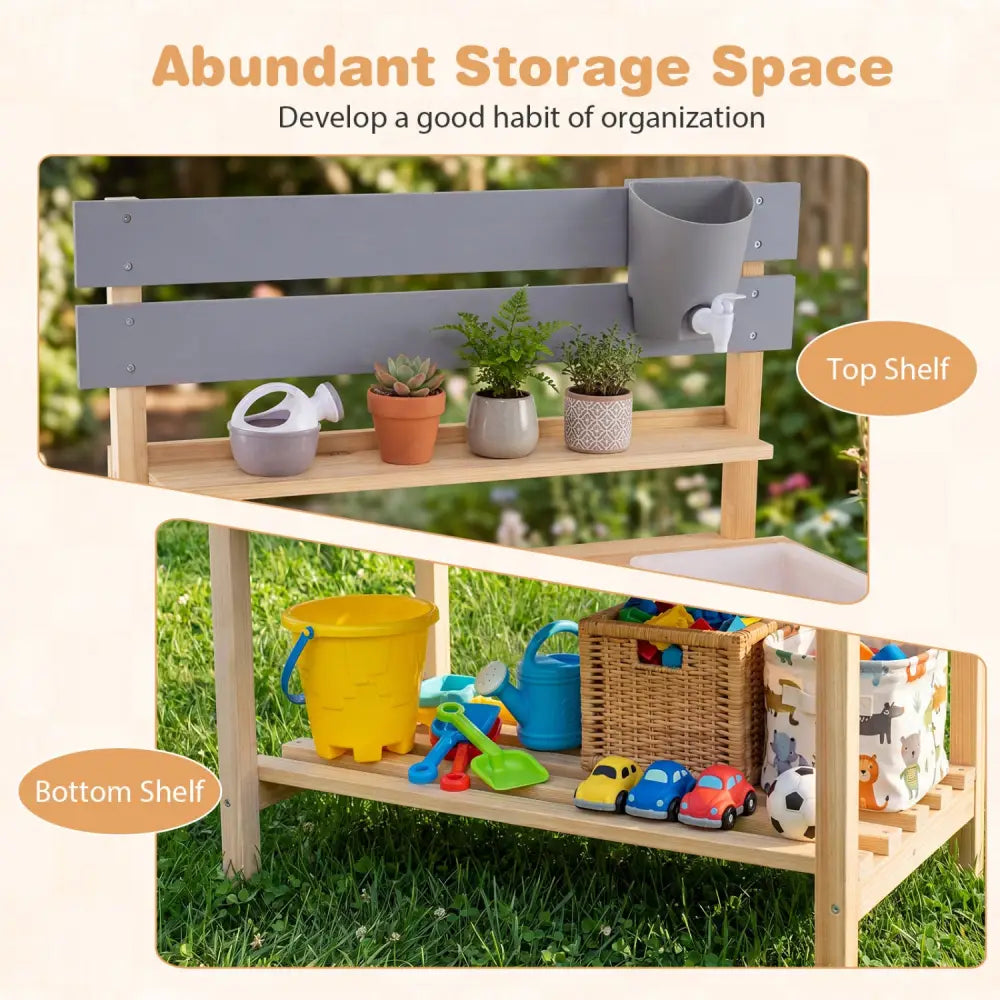 Outdoor Kids Mud Kitchen with Extended Tabletop and Water Tank-Natural - Natural - Play Kitchen Sets