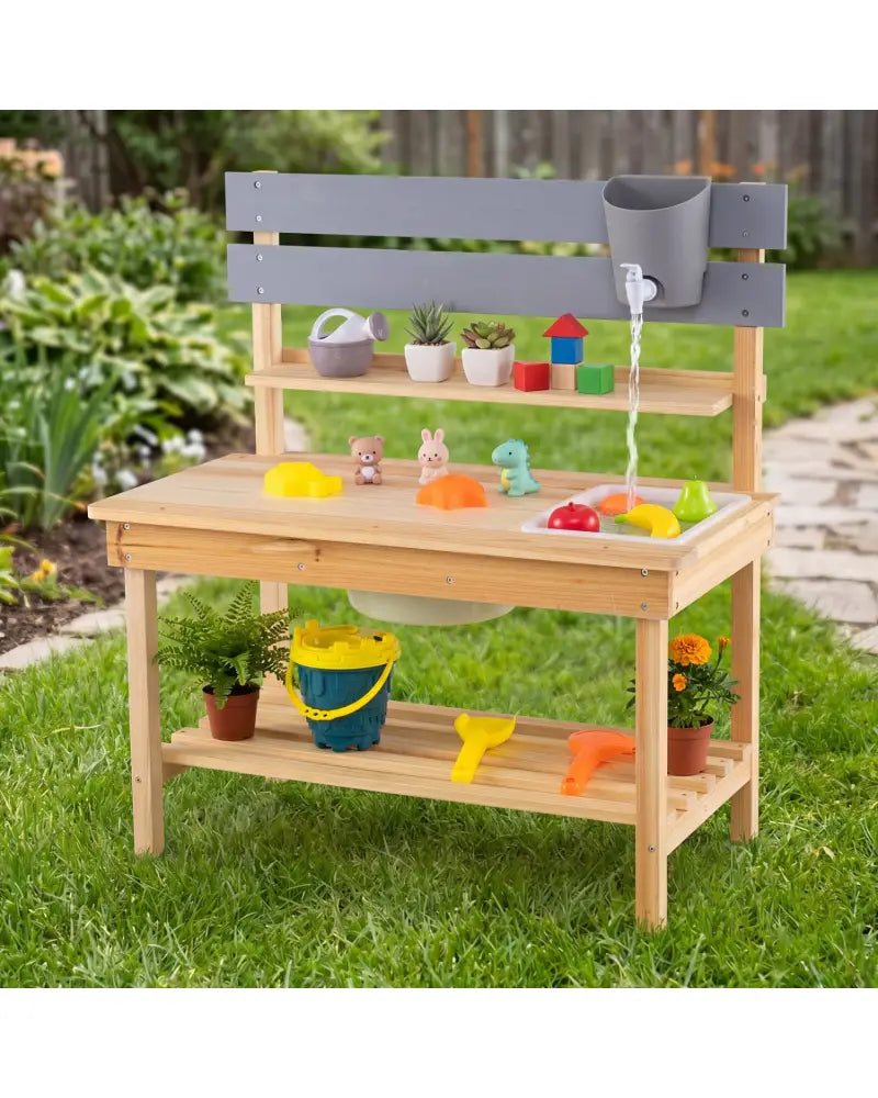 Outdoor Kids Mud Kitchen with Extended Tabletop and Water Tank-Natural - Natural - Play Kitchen Sets