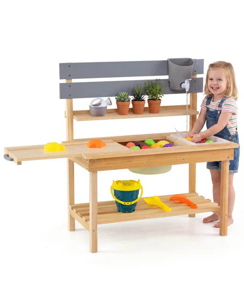 Outdoor Kids Mud Kitchen with Extended Tabletop and Water Tank-Natural - Natural - Play Kitchen Sets