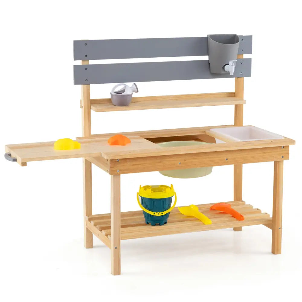 Outdoor Kids Mud Kitchen with Extended Tabletop and Water Tank-Natural - Natural - Play Kitchen Sets