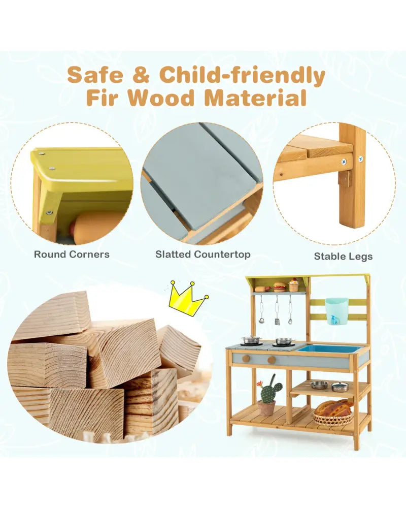 Outdoor Kids Mud Kitchen with Faucet and Water Box - Natural - Play Kitchen Sets