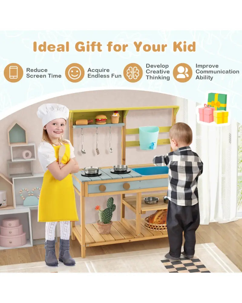Outdoor Kids Mud Kitchen with Faucet and Water Box - Natural - Play Kitchen Sets